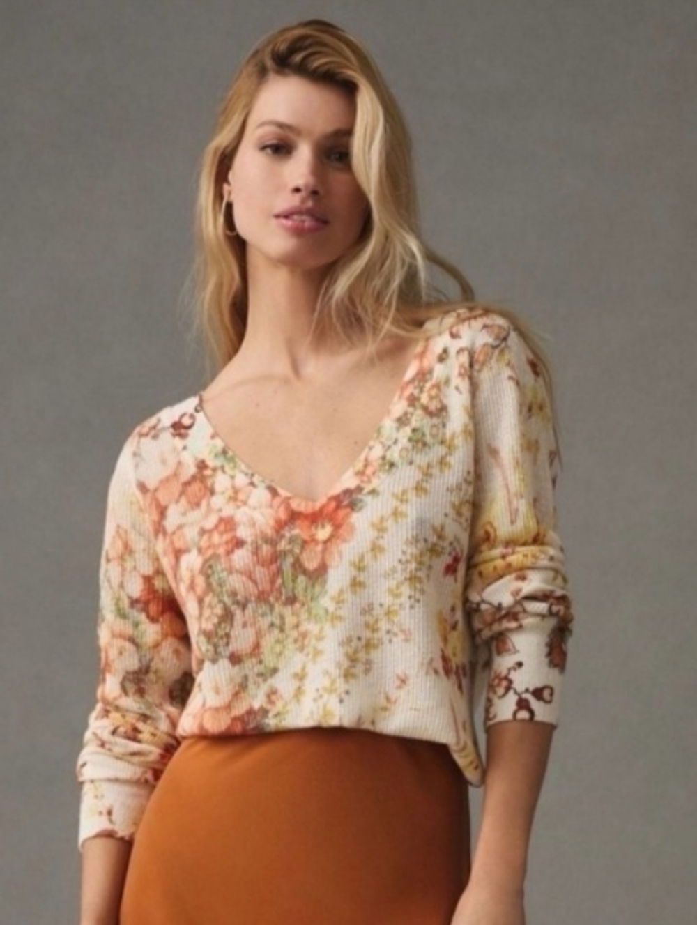 Anthropologie Cream Orange Floral V-Neck Linen-Blend Sweater